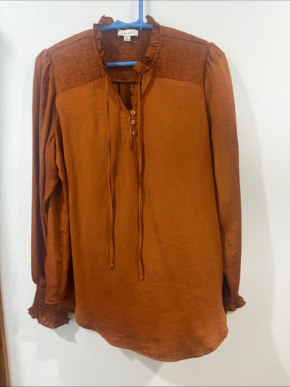 Alex & lili rust-orange smocked yoke long-sleeve blouse
